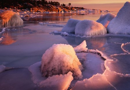 Swedish Winter - ice, sunset, sea, coast