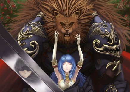 Beauty n Beast - anime, magic, female, furs, reflection, long hair, beast, armor, giant, blue hair, weapon, yellow eyes, anime girl, realistic, hot, girl, sword, blade, cg, fantasy, big, huge, creatures, cute, 3d, sexy