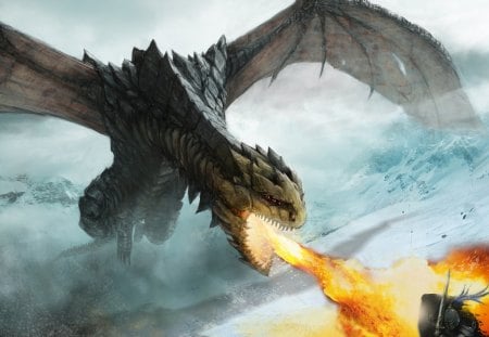 Dragon's Attack - soldier, fantastic, attack, anime, eyes, mountain, desktop, ambush, a, ice, giant, dragon, dragons, fire