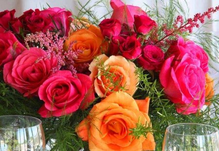 Bouquet of roses - roses, moments, yellow, special, pink, celebration, bouquet, blooming, flowers, nature, glasses, red, gift, anniversary