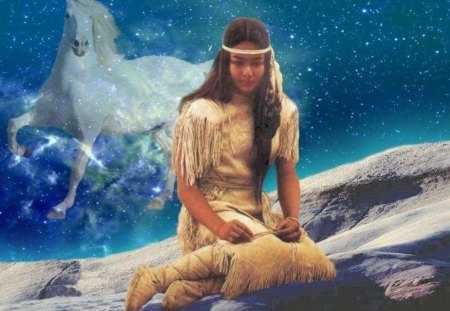 Native American Girl with Spirit in the Sky - spirit, sky, girl, native, american