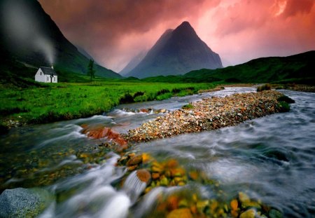 Mountain river - nice, cottage, sky, stream, creek, amazing, quiet, pretty, calmness, river, house, grass, mountain, summer, lovely, serenity, nature, lonely, beautiful, floating, stones, cabin