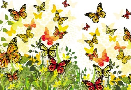 Dance of the Butterflies - colorful, summer, spring, bright, butterfly, grass, garden, vines, artistic, butterflies, papillon