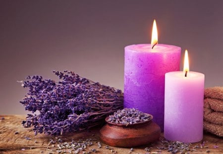 Time To Relax - relax, lavender, spa, flame, towel, still life, purple, fire, candles