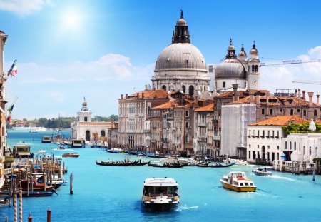 Venice, Italy - sky, lake, boats, sun, water, buildings, nature, blue, architecture