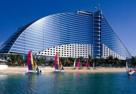 hotel and sailboats - hotel, oceans, sailboats, beach