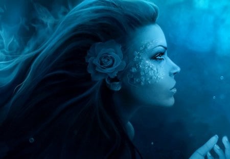 Beauty  - flower, make-up, rose, black, beauty, girl, blue, fantasy, smoke, woman