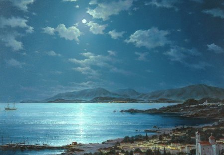 Moonlight night in Crete - crete, water, blue, beach, grecia, sea, night, ocean, moonlight, village, aqua, georgy dmitriev, painting, cloud, art, sky