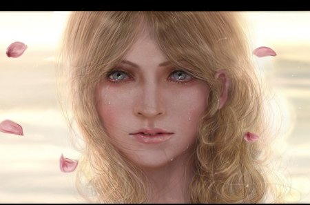 Drifting - sky, eyes, hair, crying, sakura, blue, drift, blonde, long