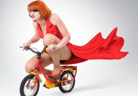 Funny model - bike, redhead, funny, red, red dress, girl