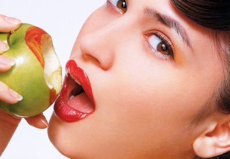 A bite of apple - fruit, pretty face, bite, makeup, apple