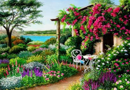 Lovely view from the house - pretty, quiet, alley, summer, cabin, flowers, countryside, fresh, view, garden, lake, nice, cottage, sky, house, greenery, trees, water, beautiful, sea, lovely, rest, colorful, river, painting, serenity, peaceful