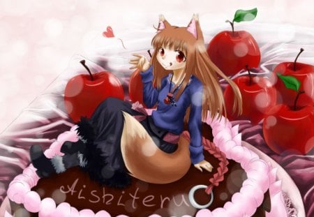 Holo and cake - anime, cute, cake, holo, apple