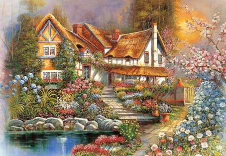 By E.J.Scott - river, art, painting, cottage