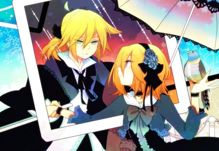 ~Len & Rin Kagamine~ - bird, anime, vocaloid, brother, dress, Len Kagamine, Rin Kagamine, umbrella, sister