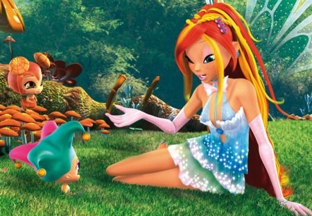 Bloom - nice, realistic, beauty, princess, magic, bloom, wings, field, fantasy, sparks, orange hair, winxclub, grass, cartoon, long hair, gown, lovely, cg, winx club, 3d, wing, beautiful, sweet, fairy, dress, winx