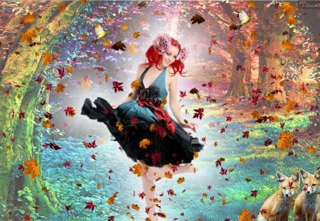 âœ°.DANCE in AUTUMN.âœ° - girls, models, people, animals, hair, eyes, colorful, dances, face, cool, digital art, fox, beautiful, leaves, sweet, women, photomanipulation, autumn, trees, lips, female, drifts, fantasy, pretty, dogs, cute, butterflies, splendid, lovely, foxes, abstract, splendor, breeze, colors