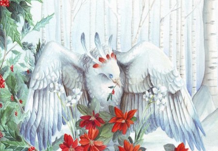 White bird and poinsettia by Brenada Lyons - bird, forest, animal, red, art, mistletoe, flower, tree, christmas, fantasy, white, green, wings, painting, poinsettia, leaf, brenda lyons