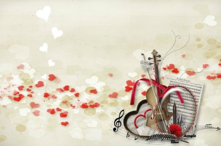 love song - heart, violin, love, flower, music, fantasy, white, musical instrument, red, ribbon, song, notes