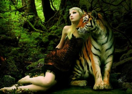 Tiger and lady - trees, nature, lady, forest, tiger