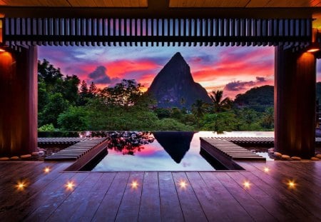 Beautiful View - clouds, trees, pond, terrace, mountain, sun, sky