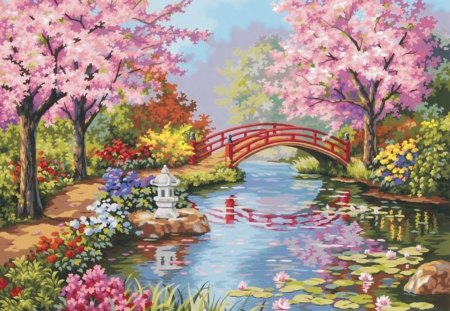 Japanese Garden - pretty, plant, japan, garden, lotus pond, nice, japanese garden, lotus, water, beautiful, pond, water lily, beauty, lovely, sweet, flower, tree, painting, floral, bridge