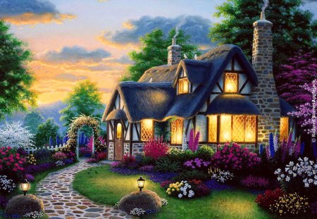 Lovely countryside house - pretty, calm, quiet, alley, summer, cabin, spring, light, countryside, garden, yard, nice, cottage, sky, house, trees, beautiful, lovely, village, colorful, nature, painting, serenity, peaceful