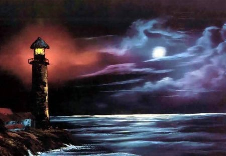 Lighthouse Stormy Night - storm, moon, lighthouse, island, sea, stormy, ocean, sky