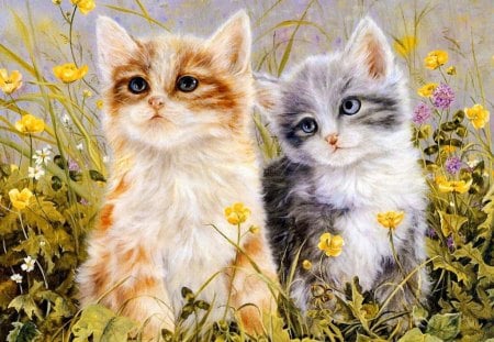 Two fluffy friends - pretty, summer, meadow, spring, flowers, fluffy, fresh, kittens, two, cats, friends, nice, kitties, beautiful, lovely, freshness, sweet, fiels, painting, cute, adorable, floral