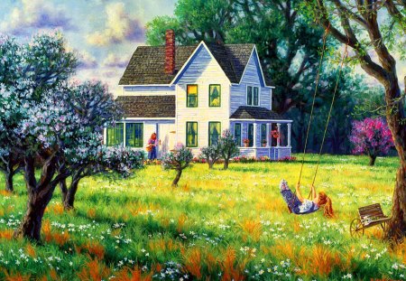 Spring joy - cottage, grass, villa, bright, yard, flowers, serenity, peaceful, kid, calmness, freshness, lovely, painting, day, blooming, blossoms, joy, beautiful, rest, quiet, village, cabin, fresh, tree, greenery, pretty, spring, sky, garden, children, family, nice, house