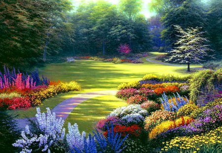 Summer rest - pretty, relax, summer, spring, forest, flowers, garden, bench, field, nice, greenery, trees, beautiful, lovely, rest, painting, park