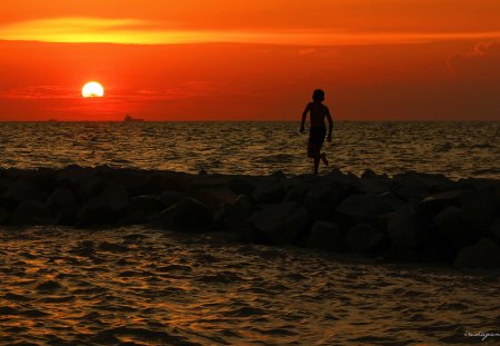 Run To The Sun - water, beach, sunset, red