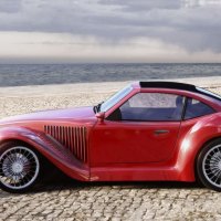 old red car in the beach