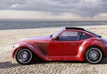 old red car in the beach - beach, old, red, car