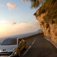 pegeot car crossing mountain