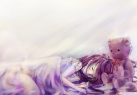 Sleep Tight - anime, sleeping, purple, teddybear