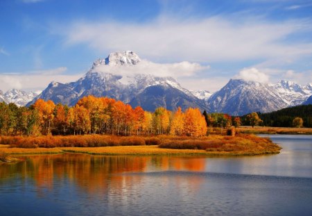 The Forest By The Mountains - clouds, trees, water, landscape, forest, reflection, nature, autumn, lake, mountains, sky