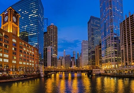 Chicago - skyline, evening, splendor, city lights, light, reflection, view, skyscrapers, sky, clouds, water, beautiful, city, beauty, lovely, architecture, buildings, river, nature, peaceful, Chicago, bridge, building