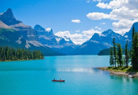 Maligne Lake - sky, trees, popular, pine, water, mountains, ripple, lakes, maligne, clouds, boat, turquoise, lake, mountain, wallpaper, nature, fir, forest, blue, canada, canoe