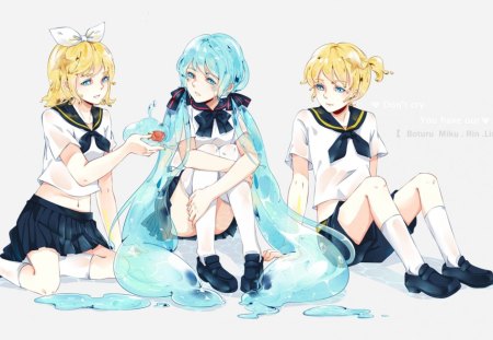 ~Please Don't Cry~ - anime, vocaloid, water, hatsune miku, crying, stars, rin, sad, friends, fish, len