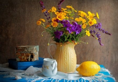 Still Life - pretty, vase, purple flowers, beautiful, photography, beauty, lovely, yellow flowers, still life, flowers, nature, lemon