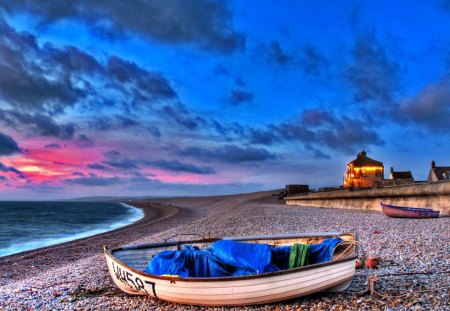 A New Day - lights, boat, beautiful, beach, ocean, view, nature, beauty, stones, peaceful, ocean view, sky, clouds, lovely, splendor, sea, boats, sunrise, waves