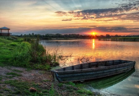 Boat at Sunset - clouds, evening, hdr, lake, colors, sun, sky