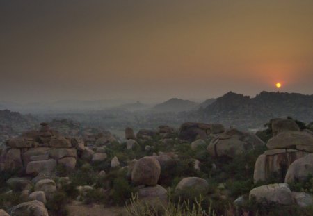 Sunrise over the hills - foggy, dawn, landscape, rocks