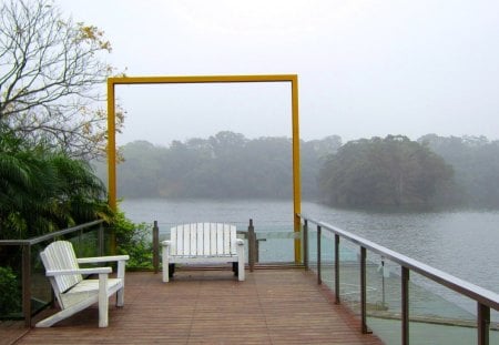 Take a seat beside  the lake - wooden chairs, lake, take a seat, mist