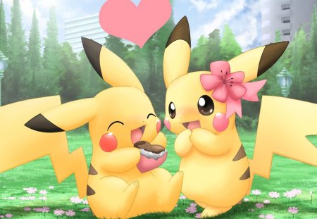 Pikachu Romance - pretty, anime, heart, pokemon, romantic, blossom, food, grass, romance, happy valentine, happy, field, nice, sky, realistic, beautiful, chocolate, beauty, lovely, love, sweet, flower, pikachu, cg, smile, valentine, cloud, 3d, floral, lover, couple