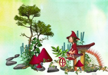 Just Sittin - mushrooms, elf, trees, red, green, fantasy