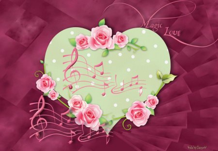 Magic Love - love, heart, magic, music, valentine, notes, pink, red, flowers