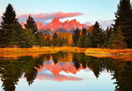 Reflections - pretty, reflection, mountain, calmness, shore, riverbank, lake, nice, sky, trees, beautiful, lovely, peaks, glow, river, nature, tranquility, serenity