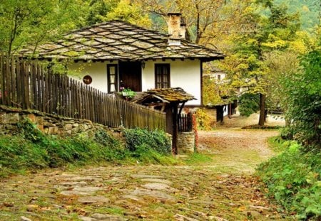 Peaceful countryside - pretty, quiet, summer, cabin, calmness, countryside, nice, cottage, house, greenery, trees, beautiful, road, lovely, stones, village, nature, serenity, peaceful